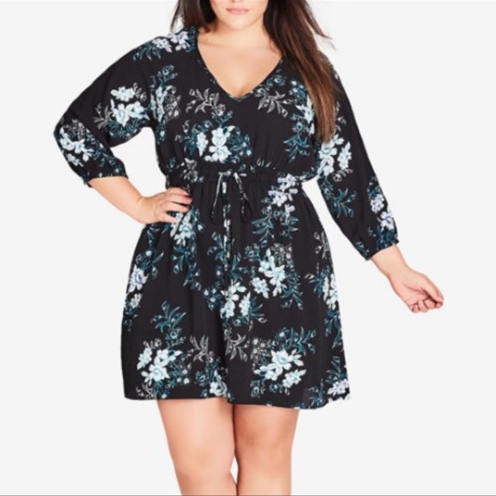 City Chic Ginza Floral Drawstring Black Blue Dress Size 14